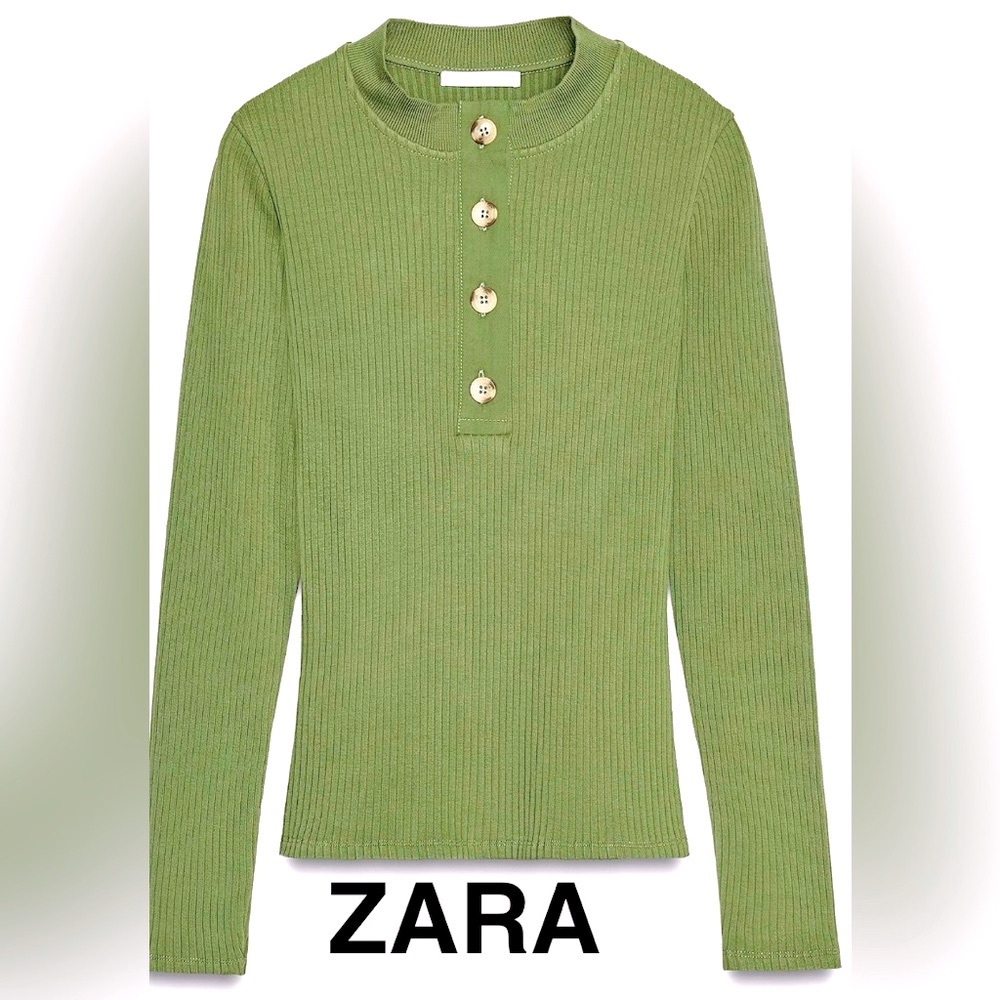 ZARA Green Ribbed Long Sleeve Henley Top - Size L - NEW
